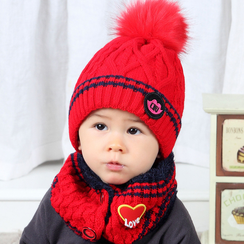 new pattern winter children knitting scarf,Hat)Piece suit love LOVE Plush keep warm thickening Hat