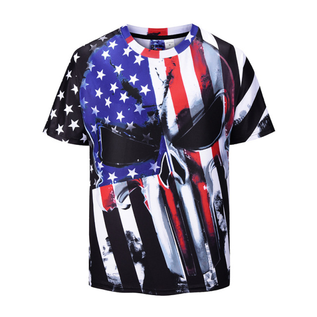 Digital Flag Skull Printed T-shirt Street Youth Knitted Shirt