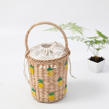 菠蘿星星笑臉串珠刺綉水桶型手提草編包日本風圓筒玉米皮編織包