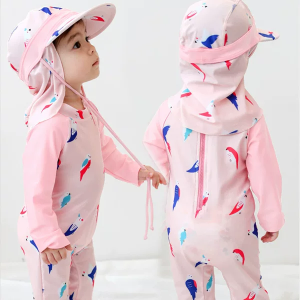 New Children's Swimwear Girls Little Baby Pink Parrot Swimwear Baby Conjoined Back Zipper Surfsuit Wholesale