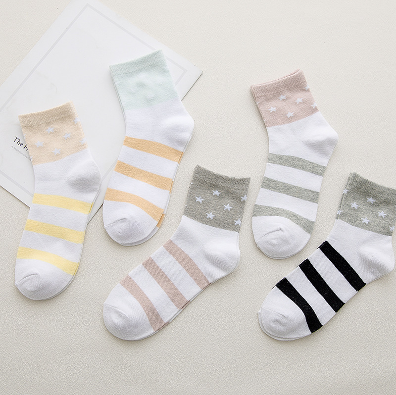 世翔针织 新款春季全棉星星条纹女中筒袜 时尚休闲女袜 厂家批发