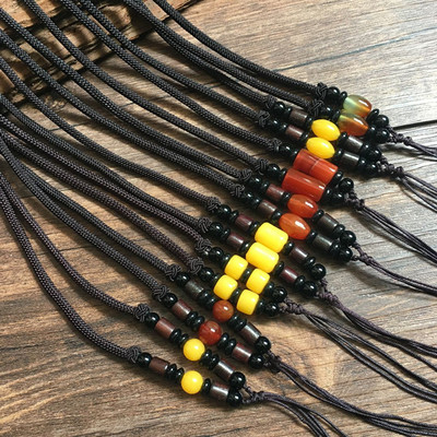 长款人工编织檀木玛瑙玉珠项链绳 饰品琥珀蜜蜡吊坠毛衣链批发