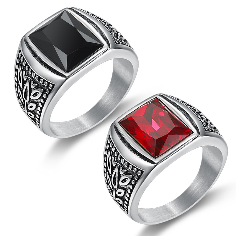 Inlay Design Retro Geometric Stainless Steel Inlay Artificial Gemstones Men's Rings