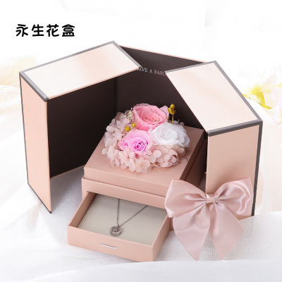 originality Pink Double door Eternal life Flower earrings Gift box Necklace jewelry FlowerBox Valentines Day Girlfriend