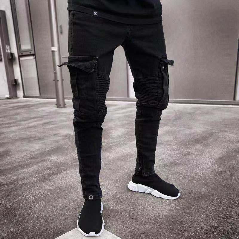Cross-border European And American Hot Selling Amazon Stretch Men's Jeans Trendy Knee Hole Zipper Pencil Trousers On Behalf Of The Hair