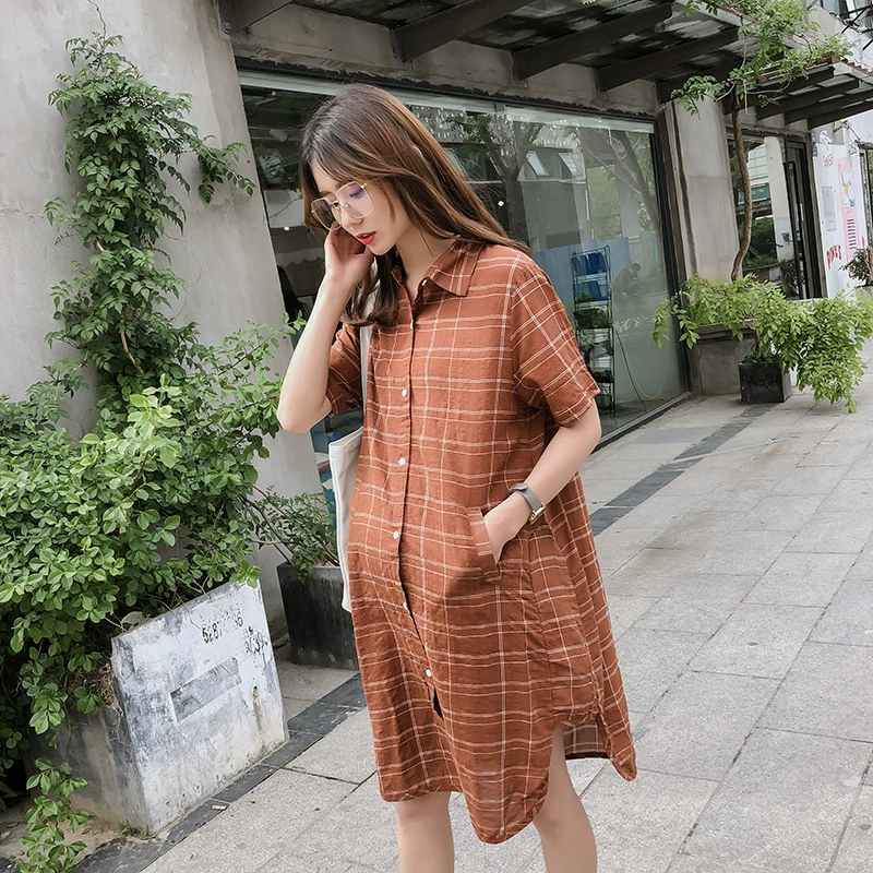 Платье материнства корейский стиль свободный короткий рукав большой плед материнства рубашка юбка платье плюс размер случайный