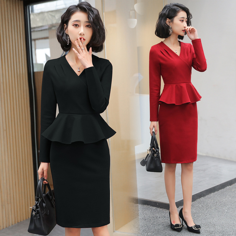 实拍职业装女2019春装新款时尚OL气质修身美容师工作服连衣裙工装|ru