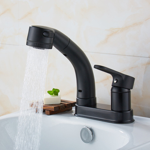 Full copper double hole pull-out face basin cold and hot water faucet three-hole countertop sink hand basin lifting telescopic shower head