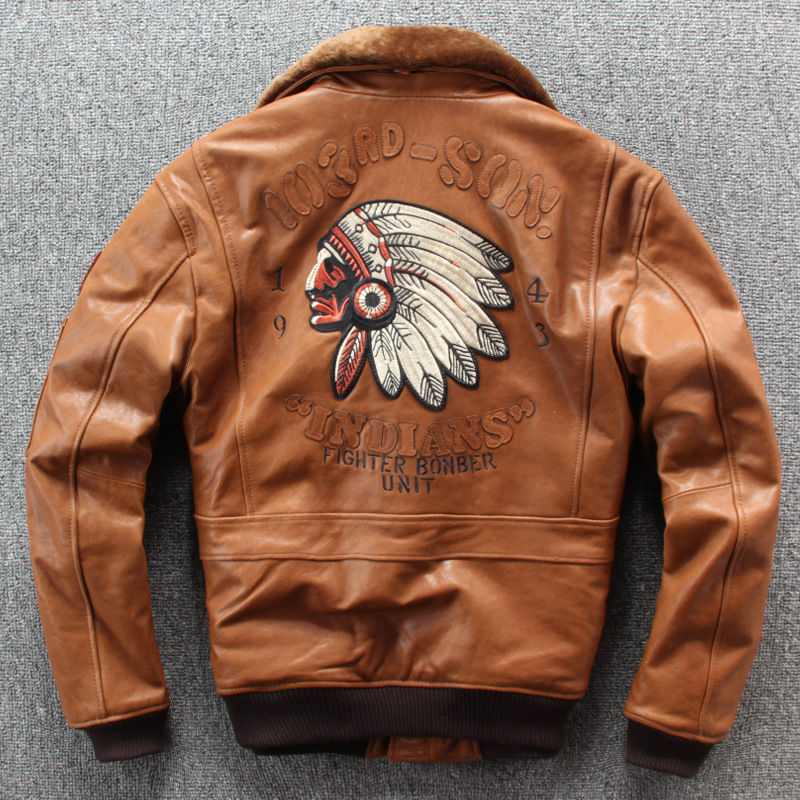 10156513665 617227679 2019 New Men Embroidery Indian Skull Air force flight A1 Pilot Sheepskin Jacket Casual Wool collar Real leather jacket S-XXXL