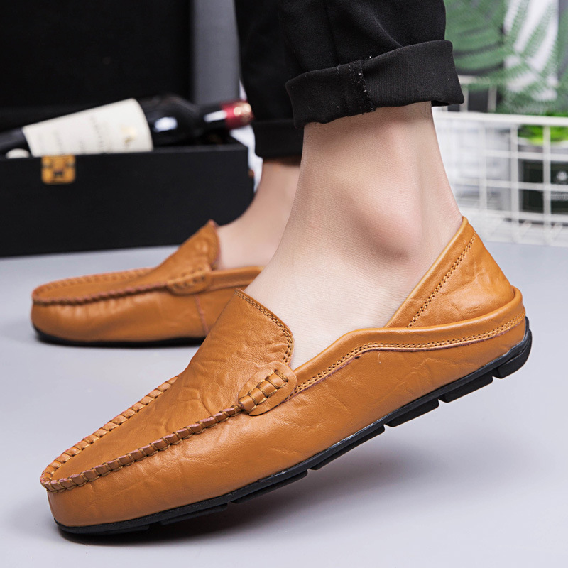 男鞋牛皮豆豆鞋男士商务休闲皮鞋低帮英伦一脚蹬驾车鞋子一件代发|ru