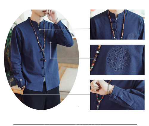 National embroidery standing collar cotton linen Long Sleeve Shirt Men Blue Pure Linen Shirt