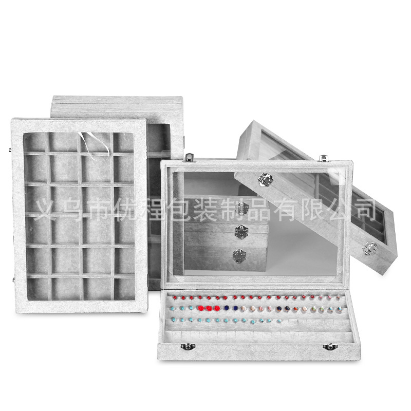 现货批发冰花绒首饰盒珠宝箱多款现货首饰展示盒带天窗防尘珠宝箱