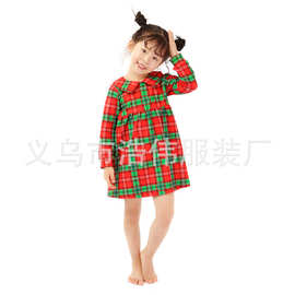 外贸原单 万圣节款红绿方格圆领可爱长袖连衣裙 欧美女童裙批发