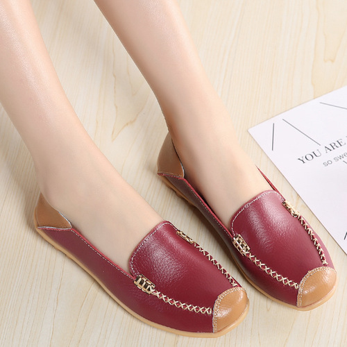  Spring/Summer Cross-border Plus Size Single Shoes Two-Layer Cowhide Mom Shoes Nurse Shoes Lace-Up Flat Bottom Casual Comfortable Peep-toe