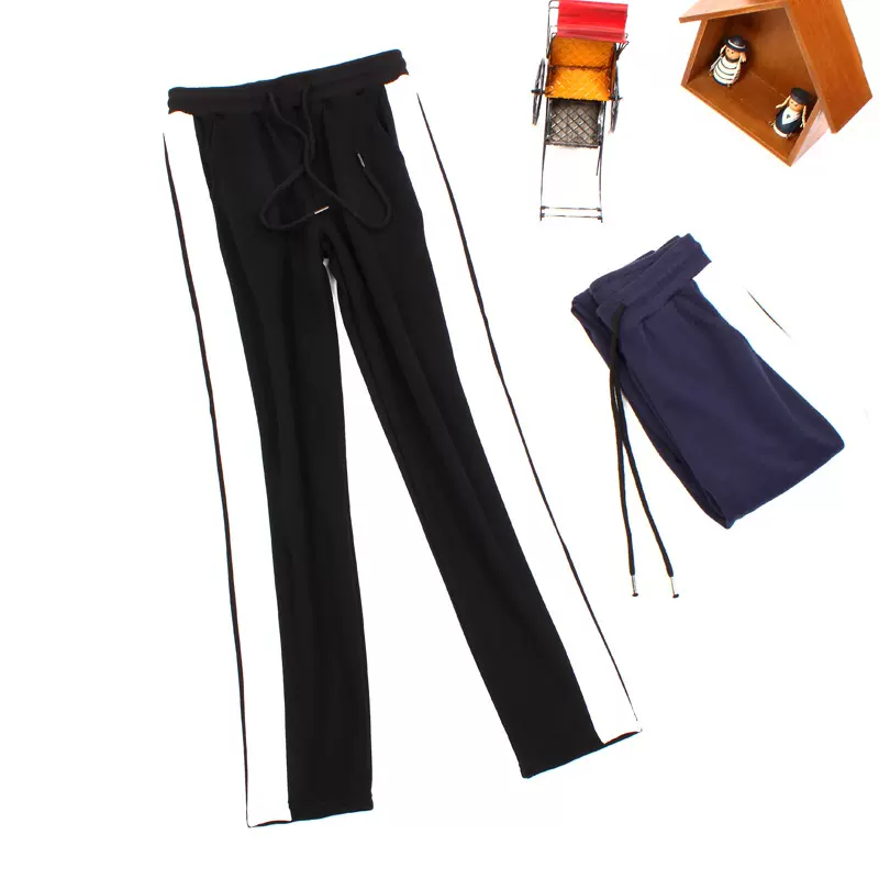 秋季新款侧拼白条ins风宽松休闲运动裤束脚长裤子女卫裤