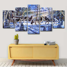 跨境亚马逊 ebay5块画布上绘画艺术雪狼狼装饰房间照片墙图片