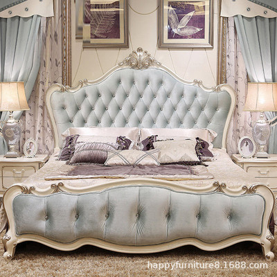 欧式实木双人床主卧1.8米法式绒布艺婚床卧室家具组合大床|ru