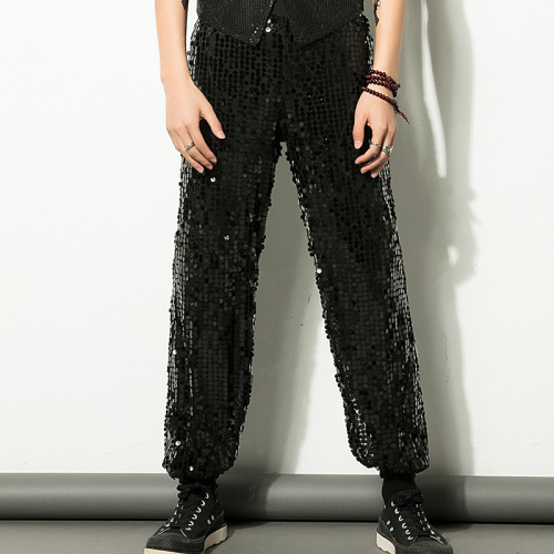 Men youth silver black sequined jazz dance pants hip-hop street dance trousers stage rap gogo dancers modern dance practice pants jazz sequin dance long pants