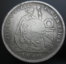 直径38mm仿秘鲁硬币铜芯镀银仿古银元1871年Firme y feliz por la
