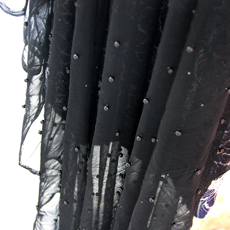 全涤30A网布黑色珠子钉珠面料 网纱裙子钉圆珠子面料 网布