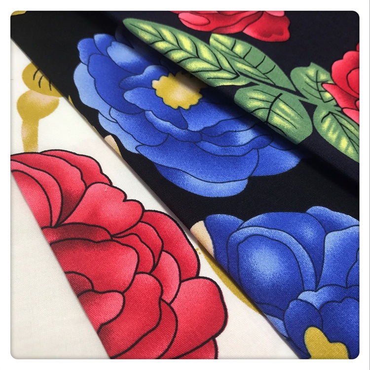 经典斜纹弹力活性印花面料 大药勺花连衣裙面料 春夏短裙印花面料