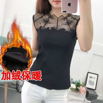 港味复古背心女加绒保暖蕾丝花边镂空拼棉性感修身显瘦外穿打底衫|ms