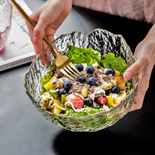 日式金口透明玻璃碗大号蔬菜水果沙拉碗创意不规则锤纹异形甜品碗