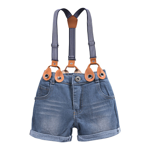 2024 foreign trade children's suit European and American handsome boy's blue striped shirt denim overalls suit factory direct approval