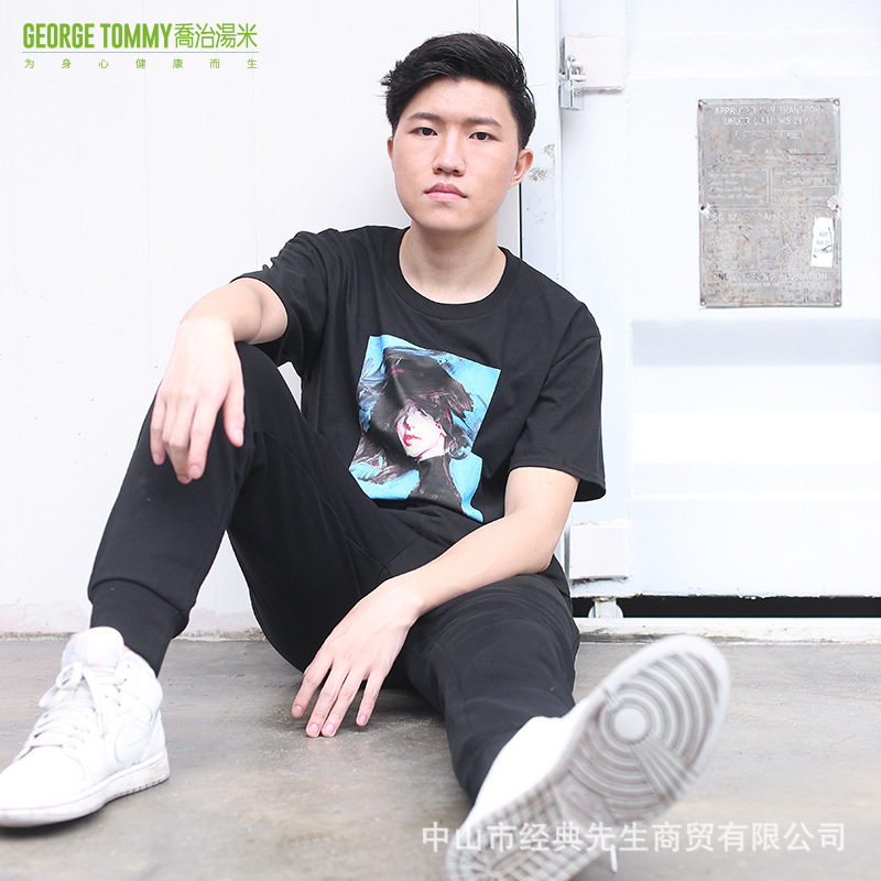 乔治汤米现货批发原创油画女孩数码印花纯棉宽松大码半袖落肩T恤