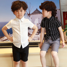 韩版中小童夏季儿童短袖衬衫打底一件代发男童翻领黑白色衬衣批发