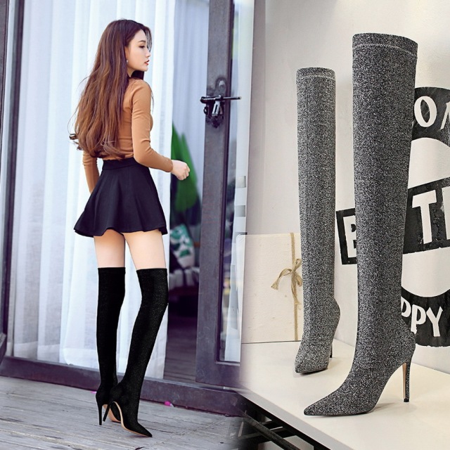 sequined stretch cloth sexy nightclub pointed high heel boots