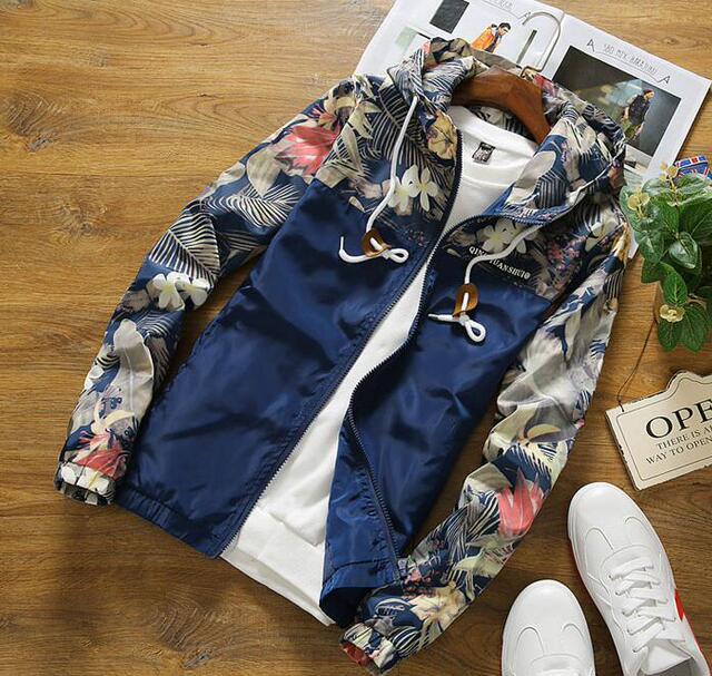 Men’s spring and autumn hooded color matching slim coat trend casual jacket men