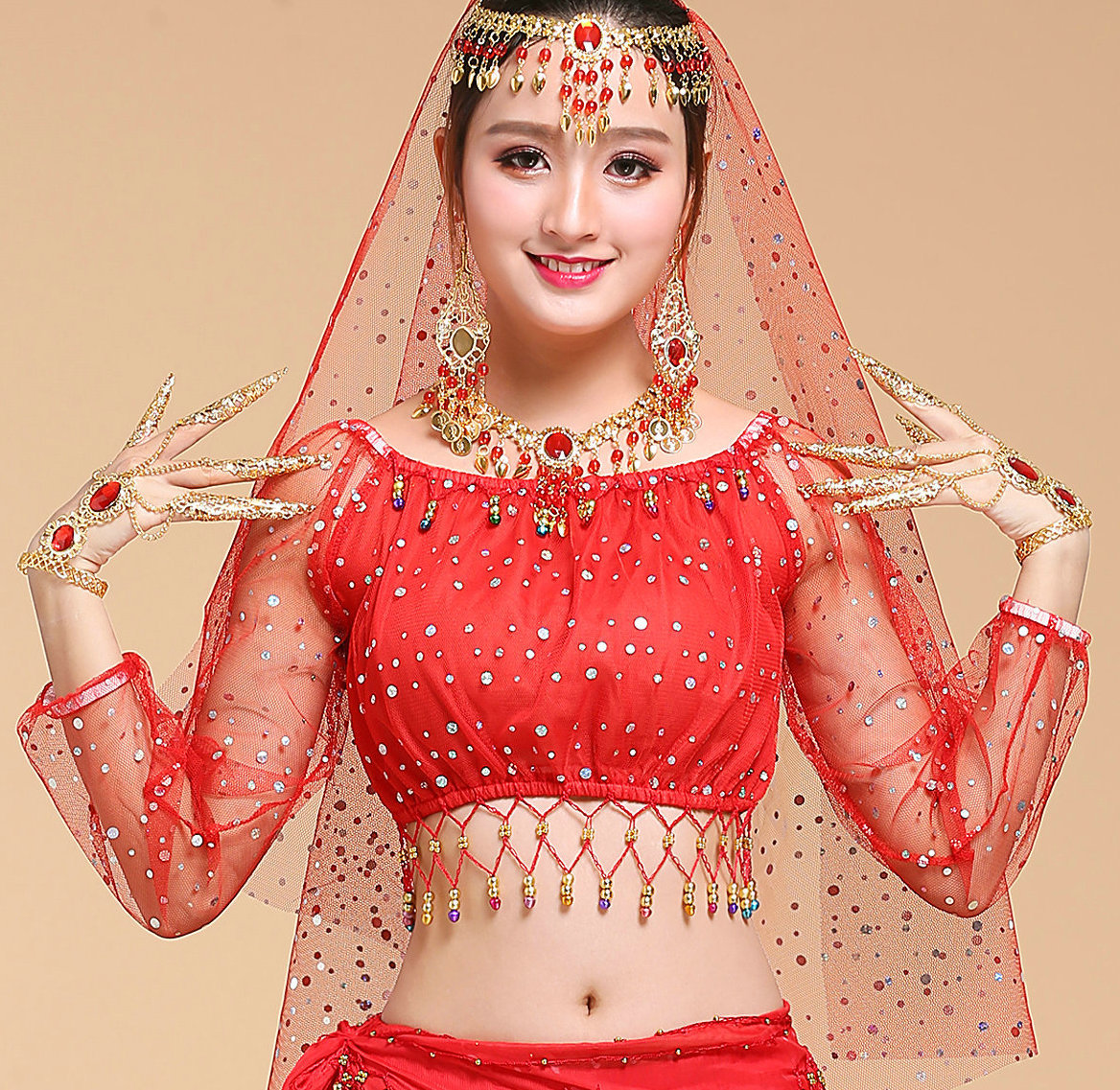 New Indian dance performance costume, Xinjiang ethnic dance performance costume, new belly dance polka dot long-sleeved top