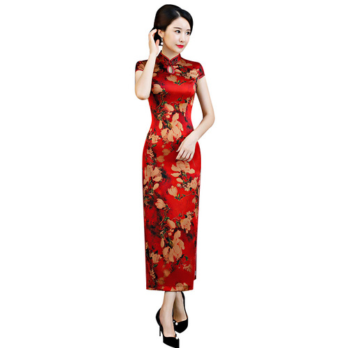 Chinese Dresses Qipao Retro mulberry silk cheongsam red long silk cheongsam skirt daily Chinese wedding mother dress