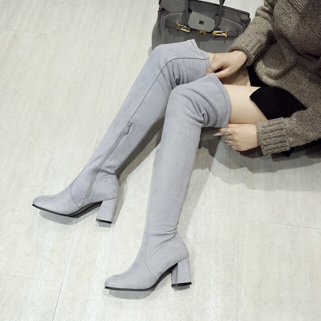 Autumn boots knee high women’s side zipper elastic boots thick heel high tube boots Plush warm cotton boots