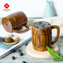 抖音同款 天然实木带手柄啤酒杯 木质创意整木啤酒杯酒桶式木杯