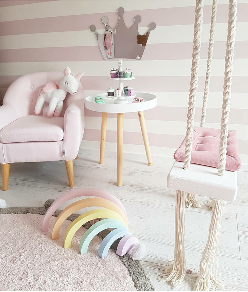 INS style children's swing hanging chair children's room decoration baby entertainment swing solid wood board sponge pad cotton rope swing