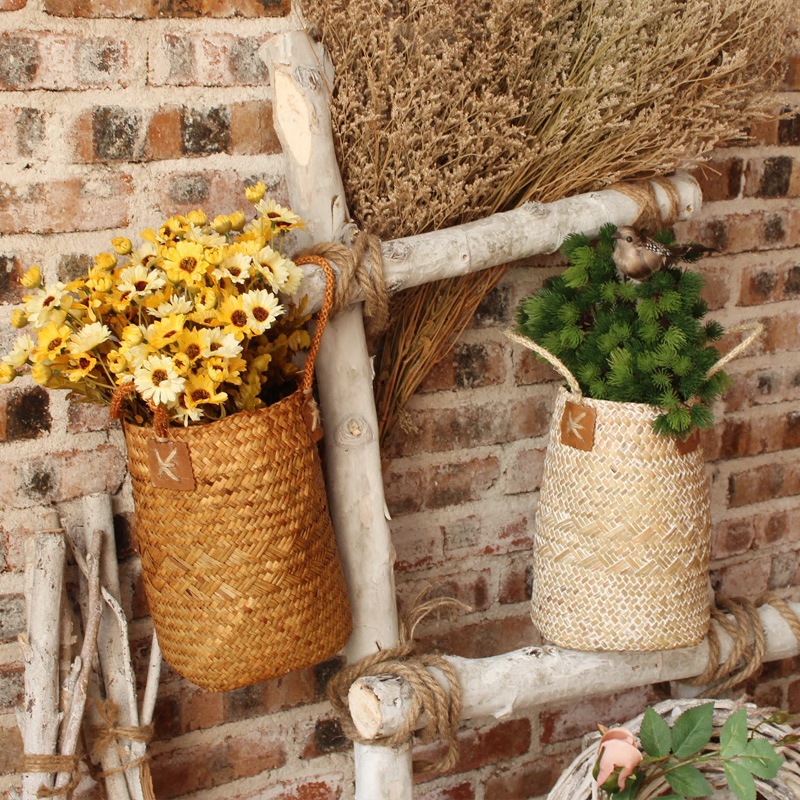 草編幹花裝花籃田園風客廳綠植裝飾花插花器亞馬遜速賣通外貿專供