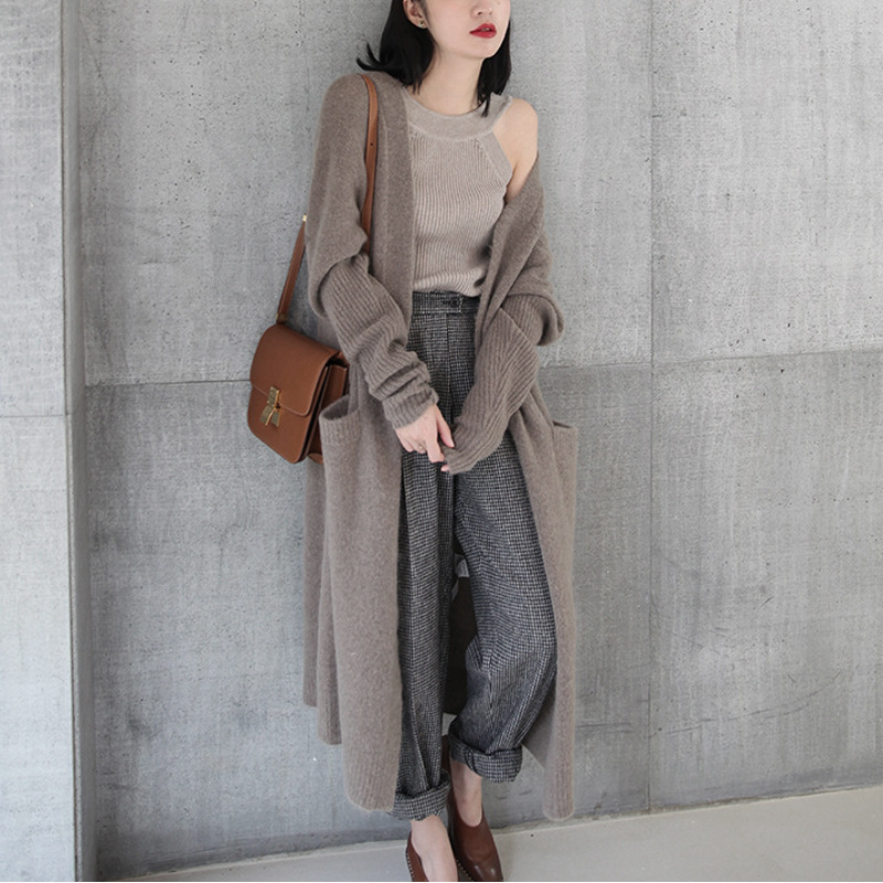 Outside Twist Coarse Wool Mid-length Lazy Style Sweater Cardigan Women's Loose Large Size Knitted Sweater Korean Style Coat