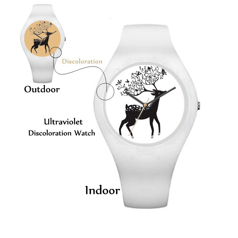 （中性）UV感光变色麋鹿硅胶手表 颜色->白壳变橙