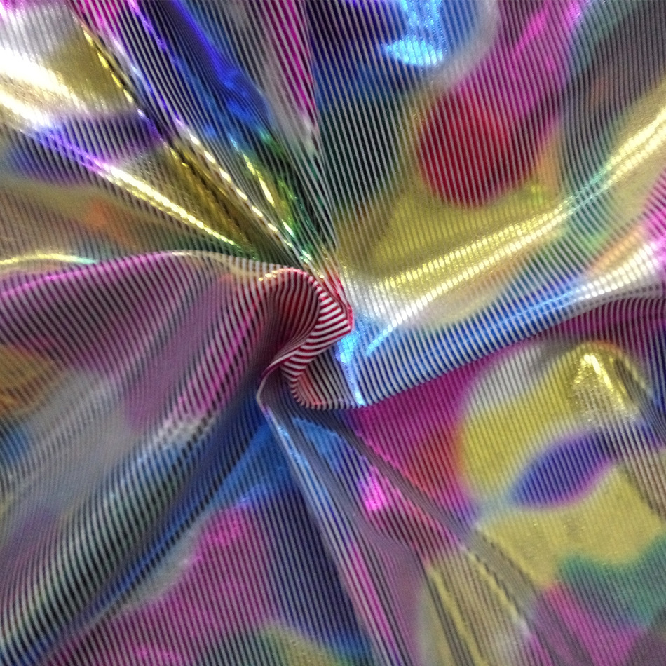 厂家批发七彩幻彩斜条烫金布 两面弹涤纶针织面料 舞台布装饰布料