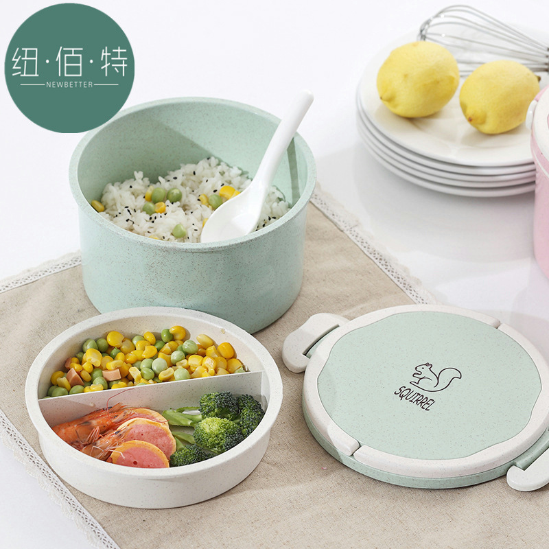 Healthy Green plastic children Cartoon Lunch box double-deck circular heat preservation student Bento Box Straw Simplicity Lunch box