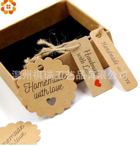 爆款波浪圆 Handmade with love 牛皮纸吊牌留言烘焙礼物包装装饰