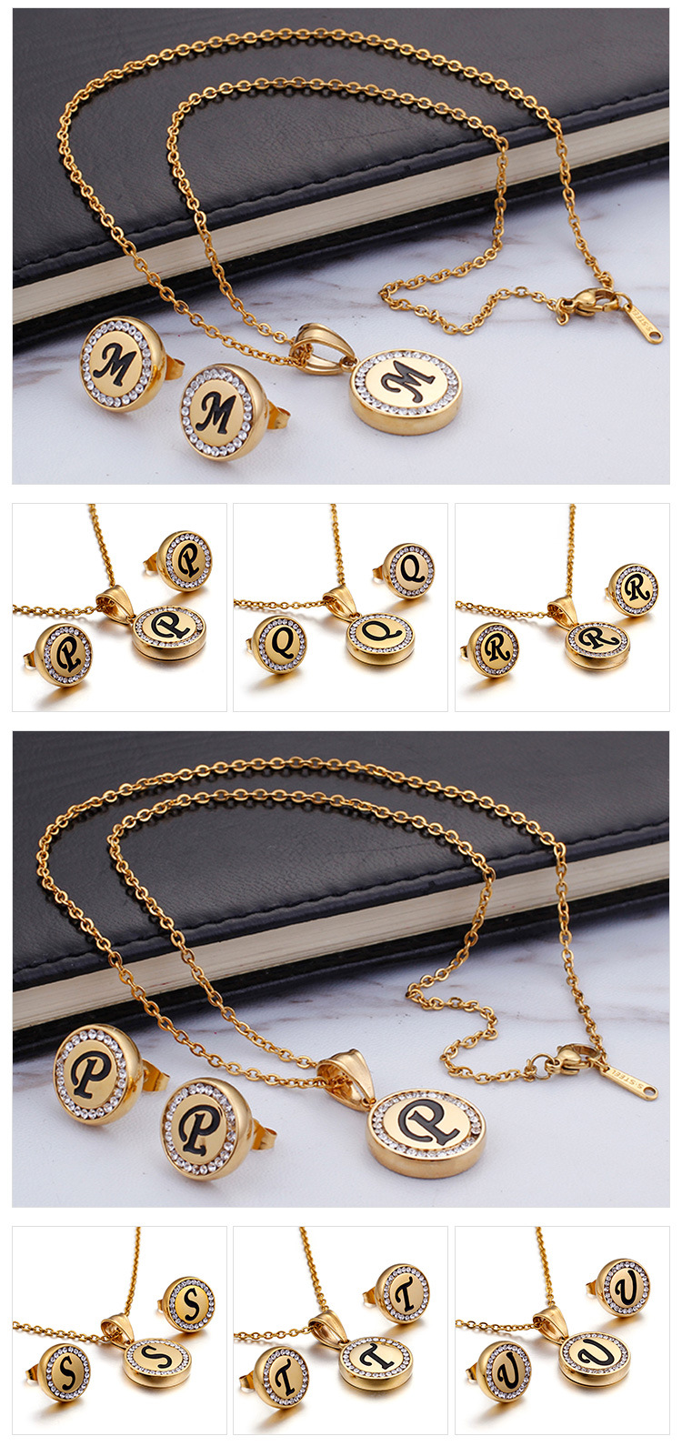 Korean stainless steel 26 letters diamond necklace earrings set wholesale Nihaojewelry