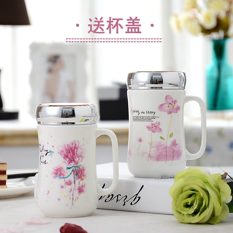 originality to work in an office Mirror Ceramic cup Flower With cover ceramics personality Mug Additive logo Practical gifts