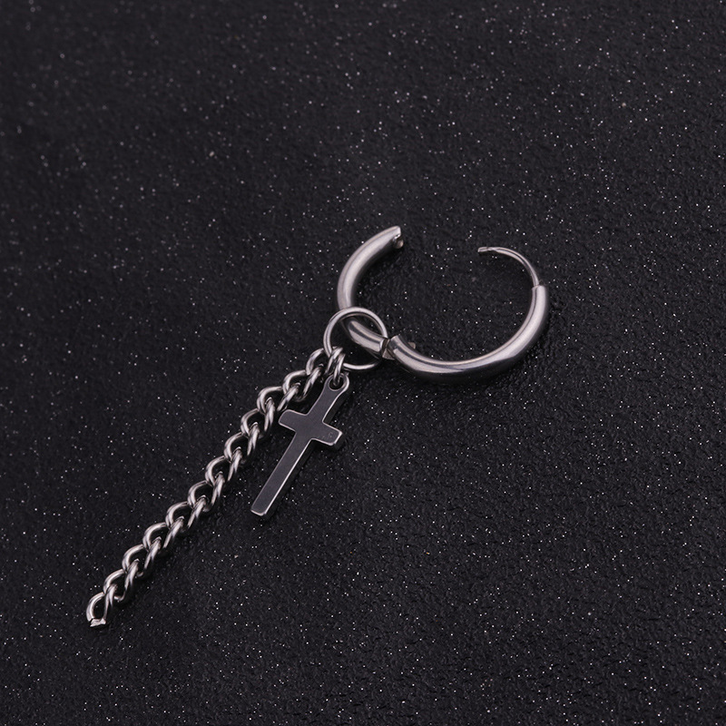 Korean style popular personality stainless steel chain tassel earrings hip-hop style menu0027s feath