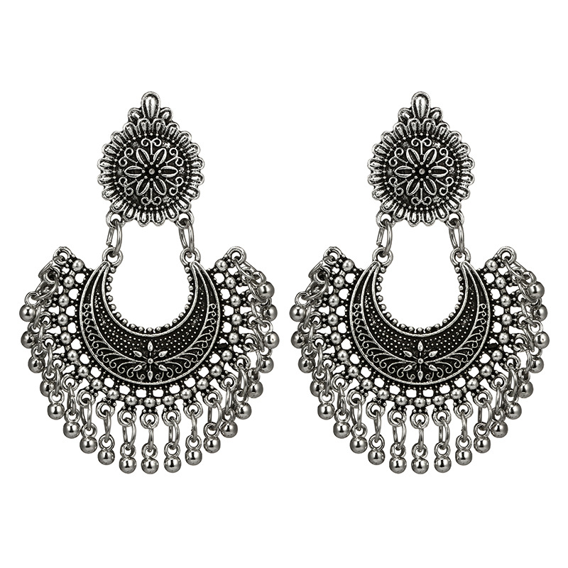 New Bohemian Metal Carved Flowers Semicircle Long Bell Tassel Earrings display picture 3