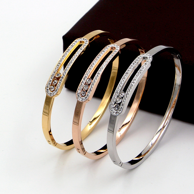 Holiday, Honeymoon Occasion Streetwear Rectangle Titanium Steel Inlay Artificial Diamond Bangle