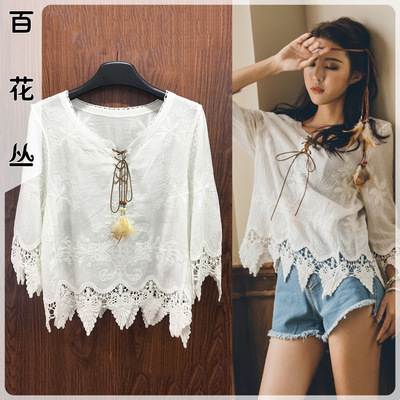 度假镂空蕾丝钩花沙滩长款外搭上衣防晒罩衫三亚旅游海边泳衣女|ru