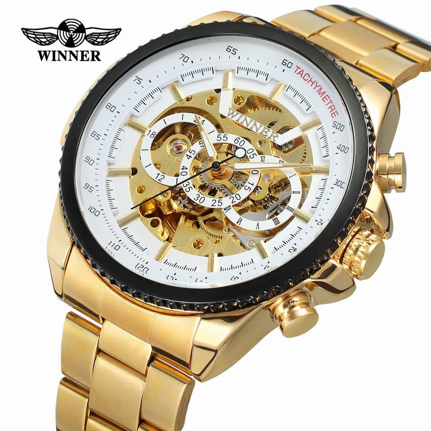Ganador hombres de moda casual reloj hueco movimiento mecánico gran dial reloj de oro reloj mecánico automático 428